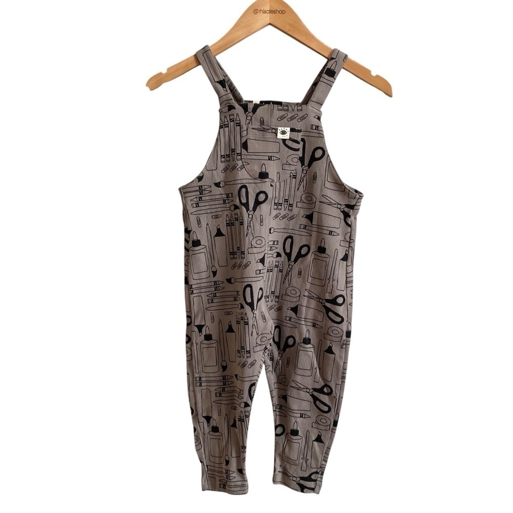 NWT Dinki Human Tan and Black School Supply Print Arty Party Dungarees 3-4 Years